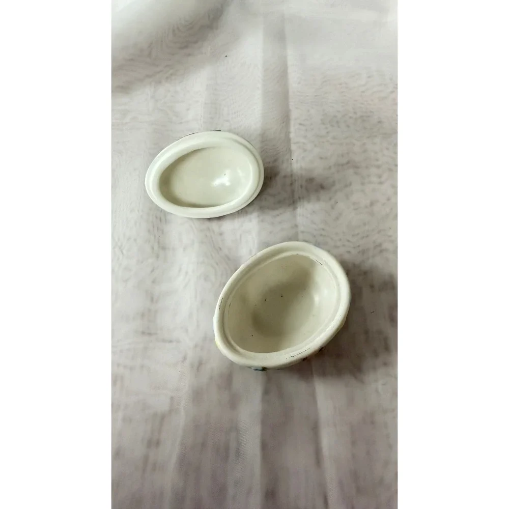 Vintage Lefton Japan Porcelain Egg Trinket Box Pink Ribbon Floral 4473 Matte